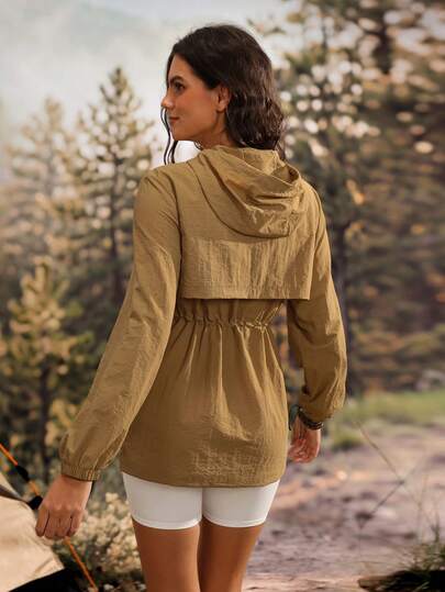 Exploreva Women's Solid Color Hooded Zip-Up Casual Versatile Daily Outdoor Rain Jacket