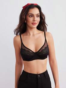 Elorette Contrast Lace Underwire Sexy Lingerie Bra - Black - View 4
