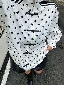 Muchica Plus Size Women's Polka Dot Pattern Frog Button Design Lightweight Jacket - Black and White - View 8