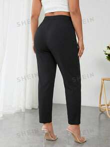 SHEIN PETITE CURVE 大码休闲百搭纯色裤 - 黑色 - 查看 11