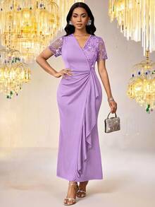 SHEIN Lady Vestido de mujer con bordado, parches de malla y volantes en el bajo, color lavanda - Púrpura malva - Ver 6