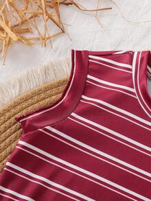 SHEIN Vintaside Kids 2件裝少女條紋針織寬鬆背心上衣與短褲套裝，適合日常休閒、度假、運動與旅行，夏季完美穿搭 - 酒紅色 - 查看 5