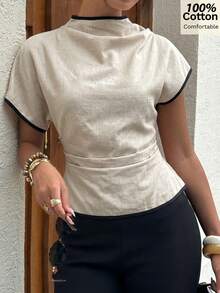 Siren Gaze 女款夏季抓皺領不對稱袖側腰抓皺顯瘦通勤杏色竹纖維亞麻面料襯衫，對比色飾邊襯衫，四季皆宜 - 杏色 - 查看 4