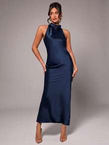 Silquee Women's Solid Color Fitted Back Splice Lace Elegant Halter Neck Dress Dinner Navy Blue Summer - Blue - View 5