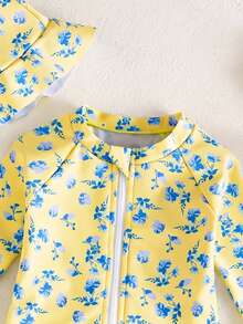SHEIN Newborn Small Floral Print One-Piece Swimsuit - Mustard Yellow - View 3