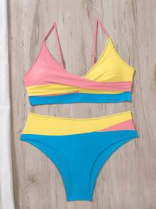 Swim Vcay 女款夏季海灘拼色細肩帶比基尼三角褲兩件式泳衣套裝 - 彩色 - 查看 3