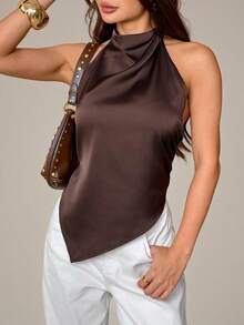 SHEIN PETITE Damen Sexy Rückenfrei Neckholder Top, Elegant für Party, Pendeln und Urlaub, Sommer,Sommer Top,Petite Frauen - Braun - Übersicht 7