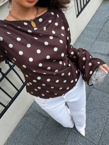 Siren Gaze Womens Elegant Polka Dot Blouse Boat Neck Long Lantern Sleeve Peplum Top With Waist Tie Detail For Daily Wear - Brown - View 5