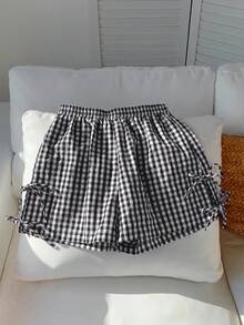 Comfortcana 大码咖啡棕色格子蝴蝶结装饰休闲短裤，春夏服装 - 咖啡棕 - 查看 8