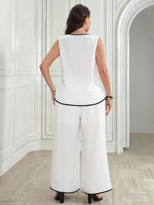 Miaspire Plus Size Women Summer Casual Elegant Teachers' Day Black And White Contrast Trim Camisole And Wide Leg Pants 2 Pieces Set With Pockets Formal Office - White - View 2