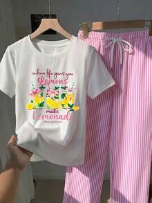 Comfortcana 2件組刺繡圓領短袖上衣與條紋印花長褲，休閒風 - 彩色 - 查看 4
