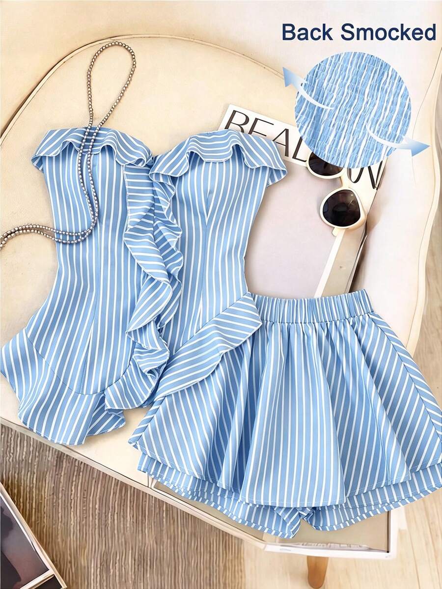 GlowEve Women's Summer Blue And White Striped American Hot Girl Style Coastal Chic Tropical Sweet Spicy Fitted Ruffle Top + Shorts 2 Pieces Set Vacation Beach - Blue and White - View 1