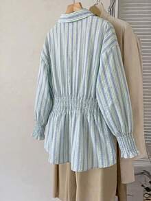 SHEIN CURVE+ Light Blue Gathered Waist Shirt Commuting In Autumn Vacation Beach, Winter 2026 Plus Size 22W - Multicolor - View 5