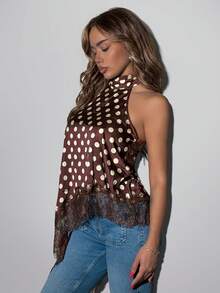 SHEIN ICON Women's Summer Brown And White Polka Dot Backless Satin Elegant 70s Retro Print Lace Patchwork Halter Top Date Night Cocktail Party - Brown - View 3