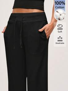 SHEIN BASICS 女款純色抽繩腰鬆身休閒運動長褲 - 黑色 - 查看 5