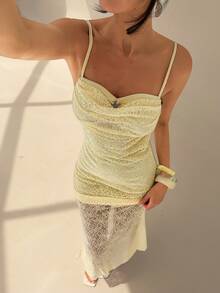 Glamine Women's Lace Patchwork Backless Spaghetti Strap Dress Vacation Light Yellow Summer Elegant - Butter Yellow - View 4