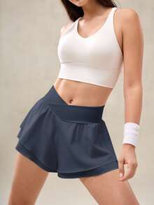 OutZeal Women Tummy Control Stretchy Crossover-Waist Built-In Shorts Double-Layer Hem Sports Shorts Tennis Gym Workout - Dusty Blue - View 8