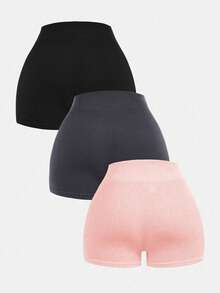 SHEIN 青少年女孩運動無縫運動短褲3件組，百搭多功能，黑色、深灰色、粉紅色 - 彩色 - 查看 2