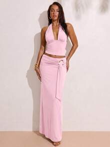 SHEIN BAE 2pcs/Set Women's Light Pink Halter Neck Crop Top And Low Waist Circle Ring Decor Maxi Skirt,Summer Casual Holiday Vacation Holiday Beach Party Set - Coral Pink - View 7