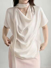 DAZY Women's Summer Elegant French Solid Color Cowl Neck Blouse Teachers' Day Brunch Office Tea Party Off-White - White - View 2