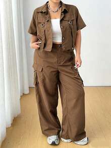 Flirla Plus Size Casual Utility Shirt And Pants Set With Sash - Khaki - View 1