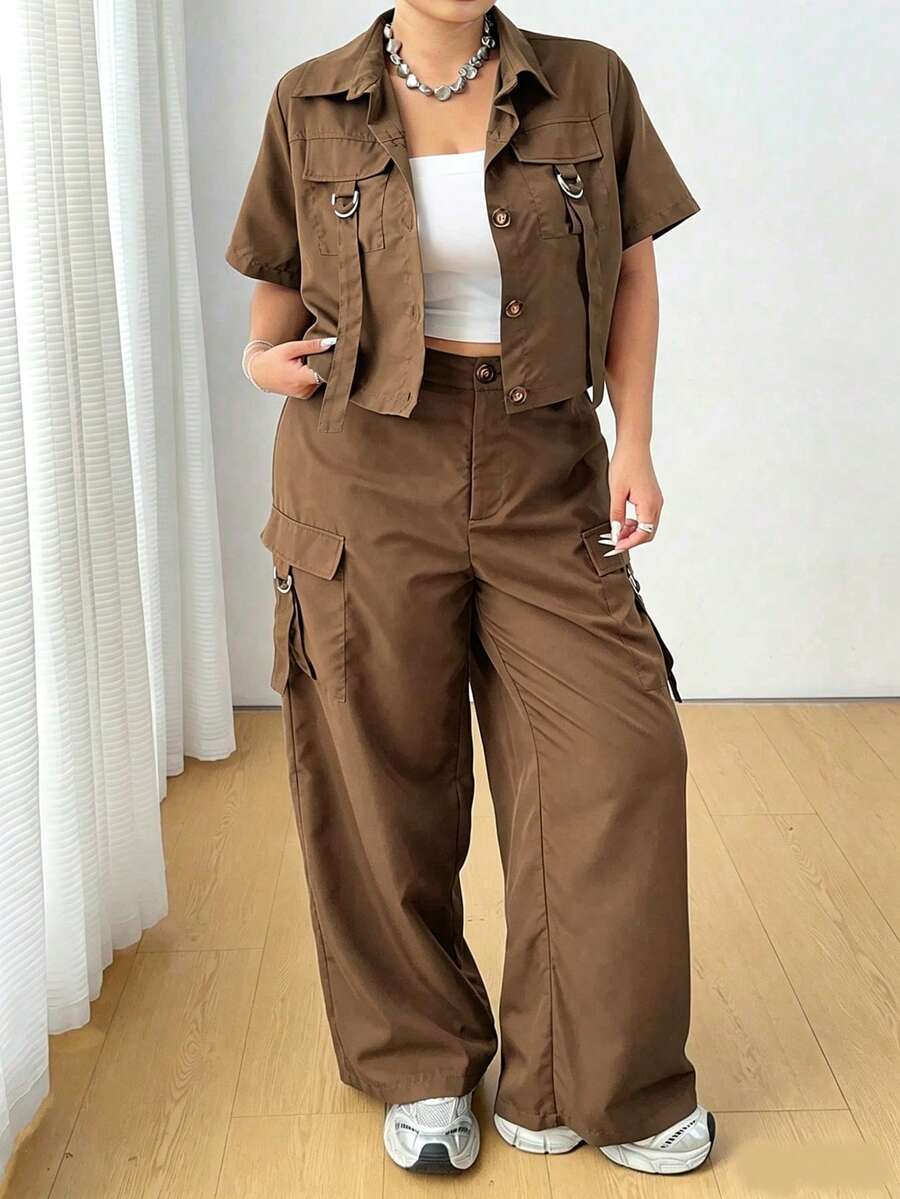 Flirla Plus Size Casual Utility Shirt And Pants Set With Sash - Khaki - View 1