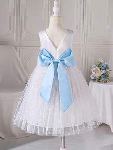 Glamorique Kids Girls Princess Dress Flower Girl Birthday Party Wedding Holiday Sleeveless White Satin Embroidered Floral Mesh Back Large Bow 3D Flower Summer - White - View 2