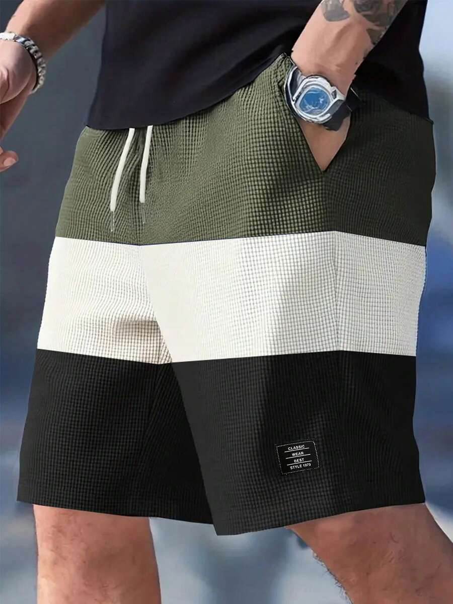 Sorvial Men's Colorblock Drawstring Waist Casual Versatile Daily Shorts, Holiday - Army Green - View 1