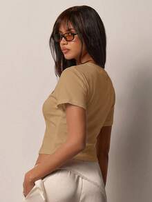 COSMINA Kaos Wanita Polos Model Kerut, Pas Badan, Serbaguna, Kasual, untuk Sehari-hari - Khaki - View 2