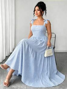 Elenzga Plus Size Fashion Women's French Elegant Blue Striped Strapless Spaghetti Strap Dress, Lace-Up Cinched Waist Design Full Skirt Long Dress Suitable For Summer Back To School, Vacation, Graduation, Holiday, Valentine's Day, Christmas, Music Festival, Mother's Day, Halloween, Thanksgiving, Easter, National Day, Prom, Birthday, Date Party, Wedding Season, Outing, Etc. - Multicolor - View 8