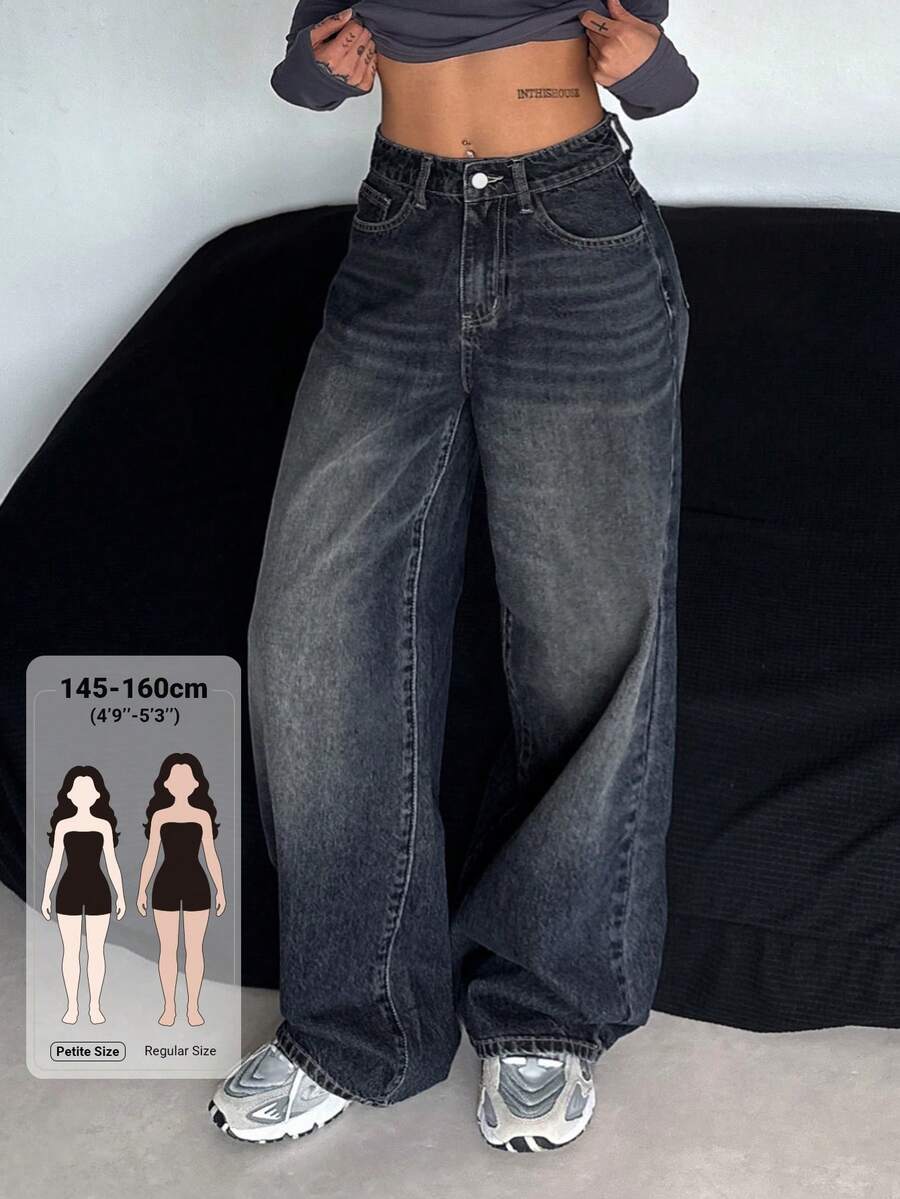Livesso Petite 女款口袋鈕扣休閒街頭風百搭日常旅行寬腿牛仔褲,小個子外出夜生活深色水洗夏季款 - 藍色 - 查看 1
