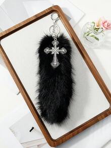 ROMWE Goth 1 Y2k Punk Dark Wind Black Simulation Wolf-Tailed Raccoon Tail Rhinestone Cross Decoration DIY Keychain Bag Pendant, Suitable For Girls To Wear - Black-59 - View 6