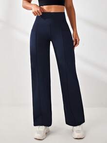 Easithlete Solid Color High Waist Straight Leg Sports Pants - Dusty Blue - View 4