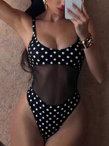 Swim SXY 女款春夏秋海灘派對度假休閒優雅性感修身花卉印花網布拼接連身泳衣 黑白波點 - 黑色 - 查看 5
