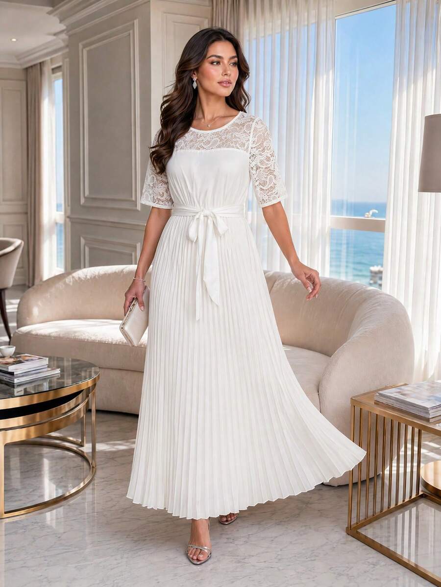 SHEIN Lady CURVE 大尺碼優雅派對蕾絲拼接百褶洋裝 - 白色 - 查看 1