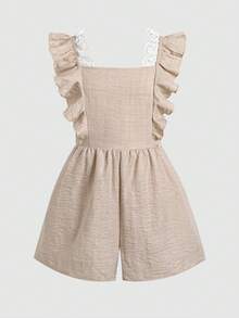 SHEIN Tween Girls Apricot Casual Daily Vacation Cap Sleeve Back Bow Romper - Apricot - View 7