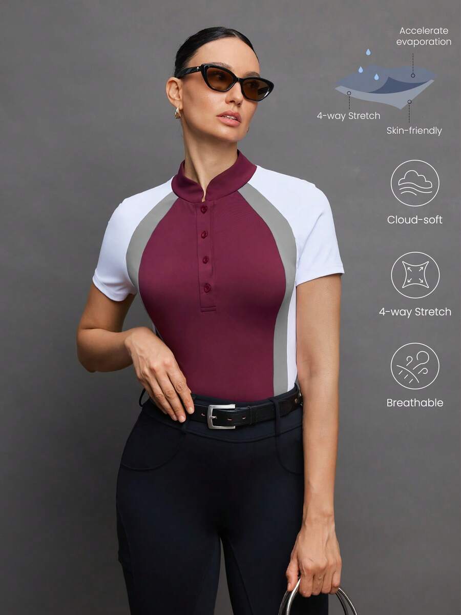 Activina Women's Contrast Color Button Half-Placket Raglan Sleeve Equestrian Top - Burgundy - View 1