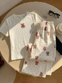 Comfortcana 女款波點熊圖案休閒兩件套，秋季冬季套裝，女款居家服可愛寵物圖案T恤與長褲套裝 - 彩色 - 查看 8