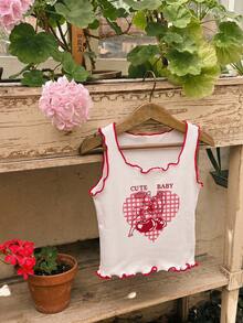 Hapijoa Young Girl Summer Casual Heart Cherry Print Contrast Trim Tank Top - White - View 1