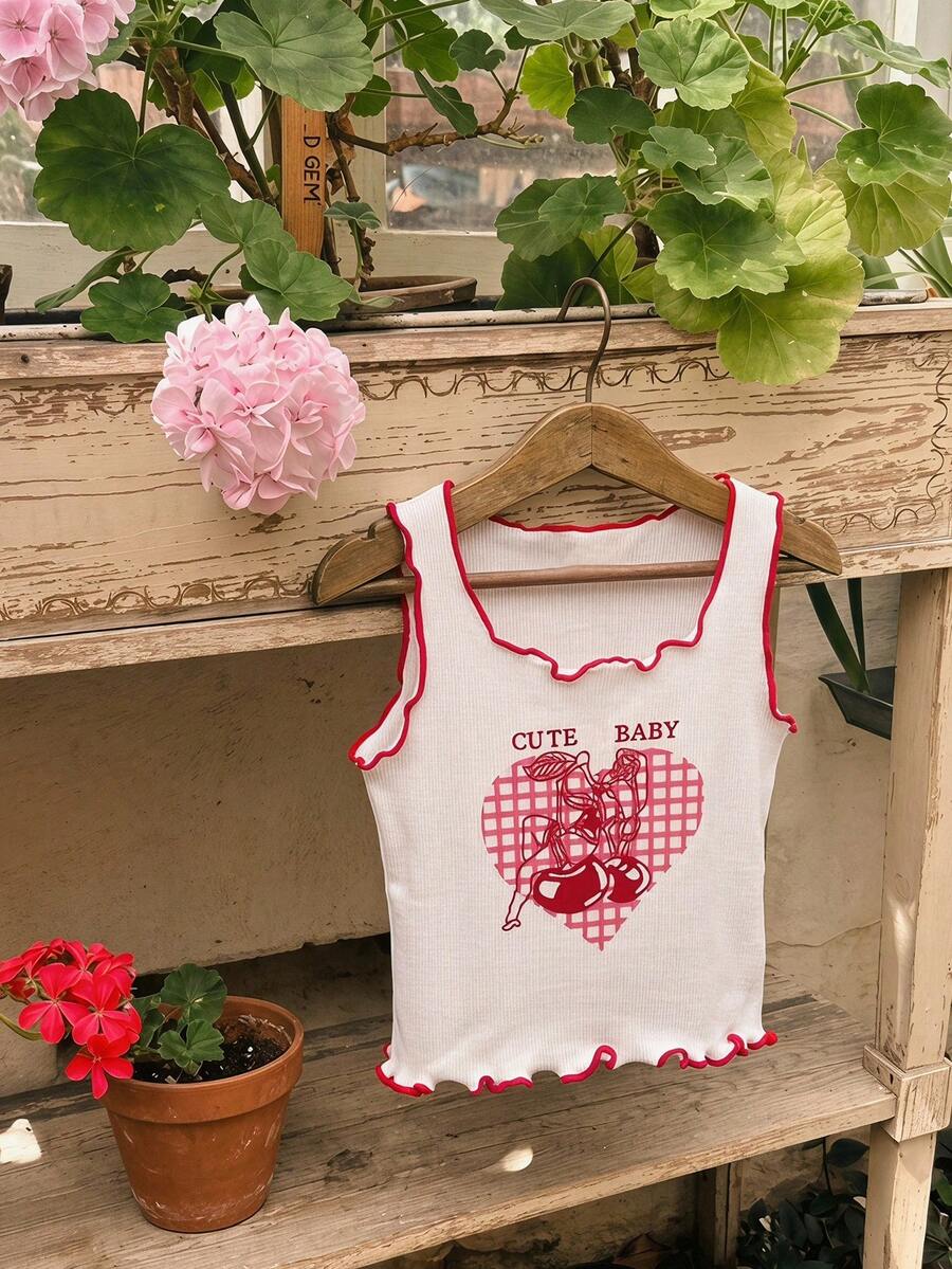 Hapijoa Young Girl Summer Casual Heart Cherry Print Contrast Trim Tank Top - White - View 1
