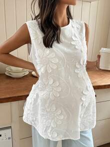 Dazy Maternity White Maternity Tank Top Camisole With Small Round Neck, 3D Floral Decor, Sleeveless, Loose Fit, Elegant Romance Summer Babyshower - White - View 1