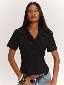 SHEIN BAE Women's Black Double-Breasted Short-Sleeved Jacket, Suitable For Casual Outings, Slim-Fit Black Jacket, Short-Sleeved Black Jacket. - Black - View 6