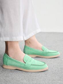 CUCCOO BIZCHIC 時尚女款綠色麂皮舒適通勤女式樂福鞋 平底鞋 適合戶外度假購物上班日常通勤 百搭女鞋 - 薄荷綠 - 查看 5