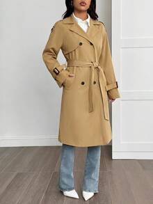 SHEIN PETITE Women's Casual Fleece Lined Trench Coat Jacket, Autumn/Winter - Camel - View 6
