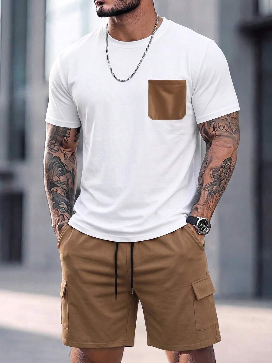 Manfinity Homme Men's Spring/Summer Short Sleeve Multi-Color Mature Casual Patchwork Shorts & T-Shirt Set - Multicolor - View 1