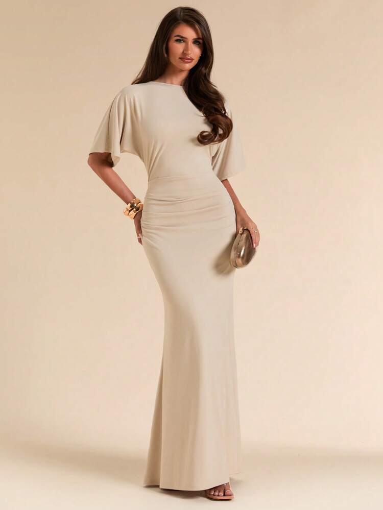 SHEIN BAE Spring/Summer Solid Beige Ruffle Short Sleeve Fitted Pleated Long Dress For Women Soiree Elegant