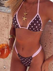 Swim Mod Spring/Summer Full Print Color Block Polka Dot Halter Tie Two Pieces Swimsuit Set - Multicolor - View 1