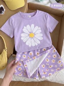 SHEIN Genkimix Kids Toddler Young Girl Fashion Minimalist Big Floral Print Purple Round Neck Short Sleeve T-Shirt Paired With Daisy Asymmetric Shorts Set, Spring Casual Outfit - Multicolor - View 4