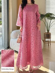 Al Najma Đầm dáng chữ A suông tay lỡ 3/4 cổ tròn thêu 3D dày dặn cho xuân/hè - Hồng - Xem 10