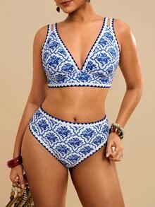 Travachic Conjunto de traje de baño con estampado floral fucsia para mujer talla grande - Azul y blanco - Ver 3